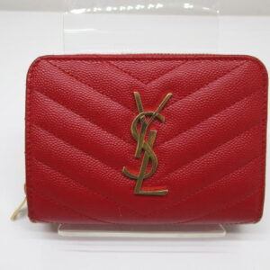2249　サンローラン　コンパクトウォレット　マトラッセ　Vステッチ　2つ折り財布　レザー　レッド