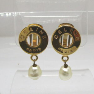 2285　セリーヌ　イヤリング　サークルロゴ　イミテーションパール　アンティーク