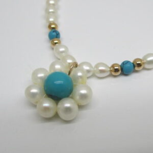 4439　K14ネックレス　淡水パール　ターコイズ
